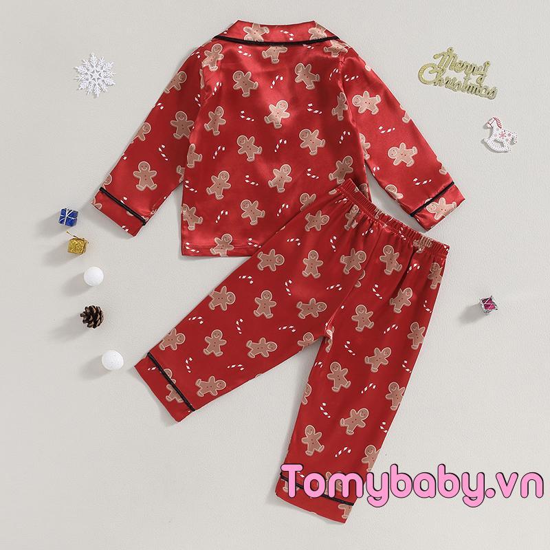 Bộ 2 Bộ Đồ Ngủ Trẻ Em Giáng Sinh Tay Dài Bánh Gừng In Nút Áo Sơ Mi + Quần Đồ Ngủ