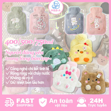 Túi Chườm Ấm Bụng Đa Năng, 500ml/750ml Túi Chườm Giữ Nhiệt Nóng Lạnh+Túi vải nhung dễ thương