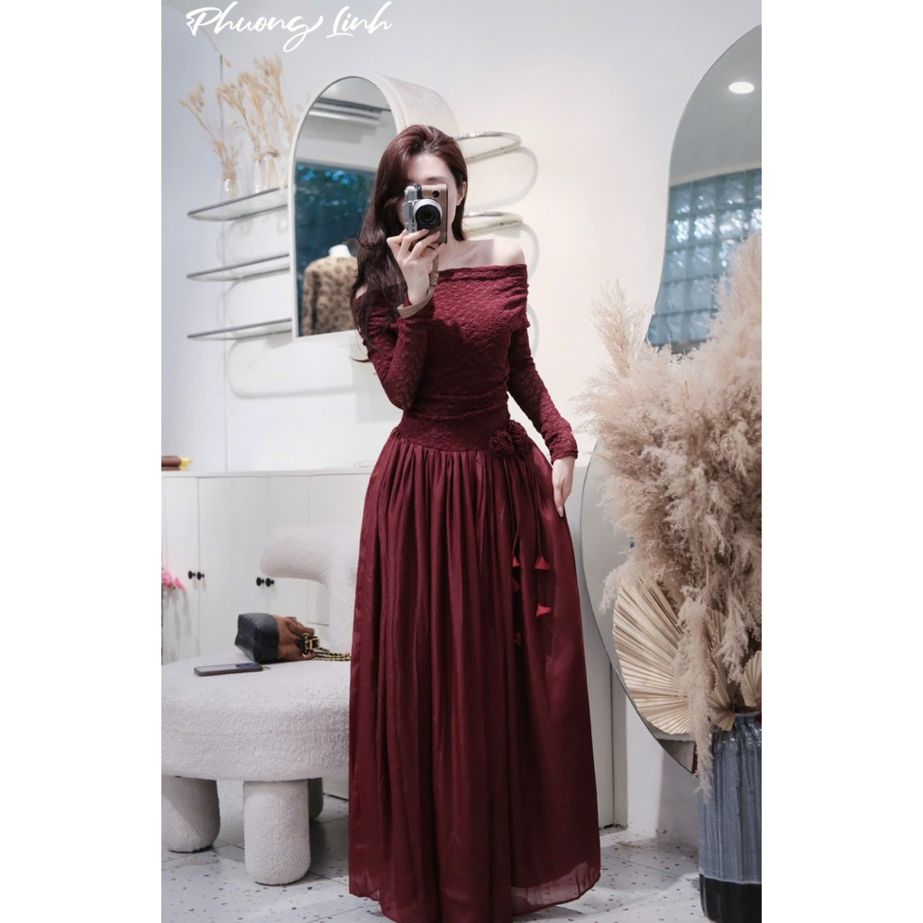 Đầm maxi ren trễ vai hoa eo dáng xoè BYJOLIE