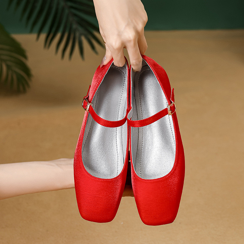 Giày đế bằng mũi vuông Mary Jane Giày đơn Satin cổ điển Giày nữ