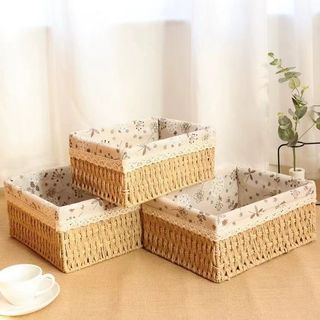 Retro Thanh Lịch Chất Liệu Tự Nhiên Ống Hút Thủ Công Vải Để Bàn Hộp Bảo Quản Thích Hợp Cho Gia Đình Phòng Khách Phòng Ngủ Mỹ Phẩm Đồ Ăn Nhẹ Đồ lặt vặt Chìa Khóa Giỏ Chứa Đồ