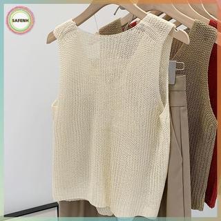 SAFENH Mùa Hè Hàn Quốc Cotton Và Vải Lanh Thời Trang Màu Trơn Rời Cổ Chữ V Vest Dành Cho Nữ VN