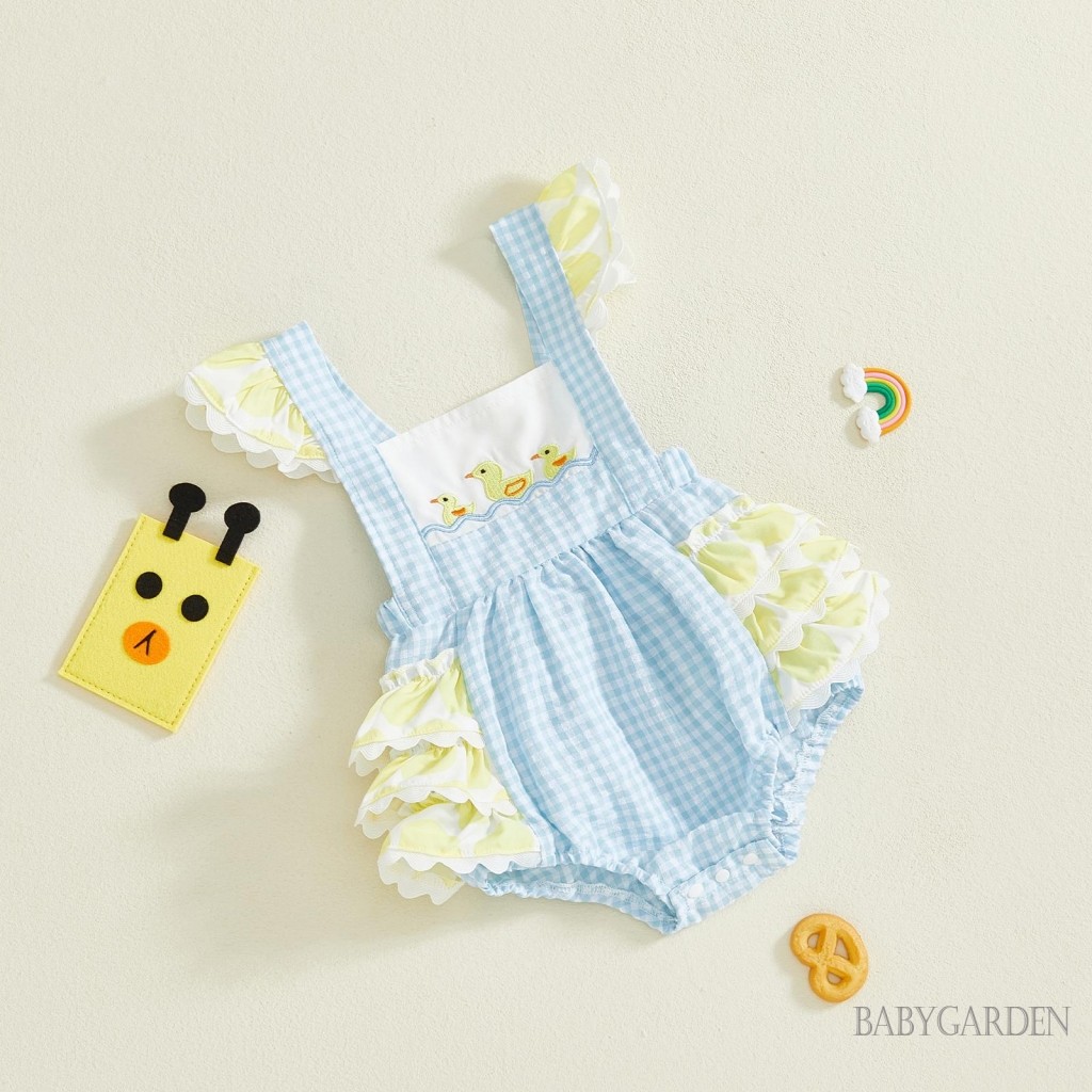 Trẻ sơ sinh Bé gái Áo liền quần kẻ sọc thời trang Vịt dễ thương Thêu không tay Ruffle Jumpsuit