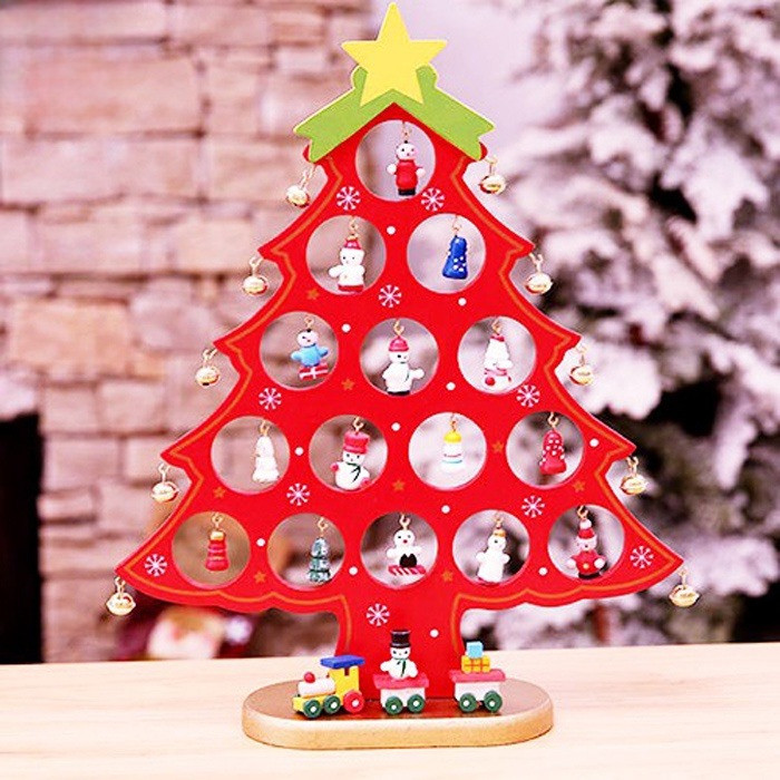 Mô Hình Cây Thông Noel Chuông Vàng Bằng Gỗ để Bàn (màu Xanh/đỏ)