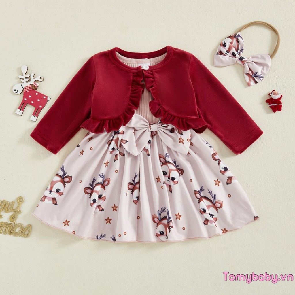 Trang phục Giáng sinh cho bé gái Váy nơ không tay + Áo dài tay + Bộ băng đô