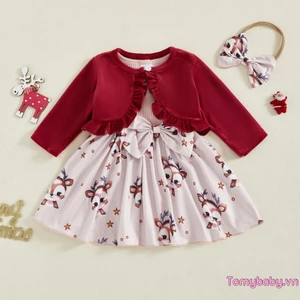 Trang phục Giáng sinh cho bé gái Váy nơ không tay + Áo dài tay + Bộ băng đô