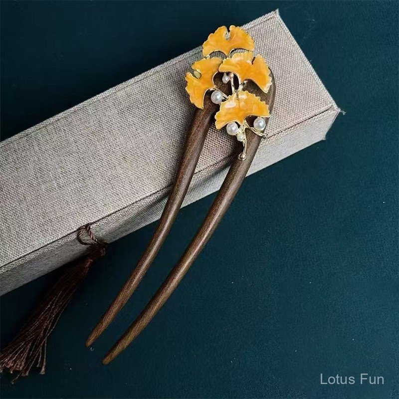 Kẹp tóc hình chữ u lá mun ginkgo, phù hợp phong cách nhẹ nhàng và trang phục sườn xám cổ điển Hanfu