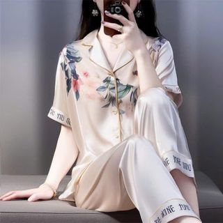 Đồ Bộ Nữ Pijama Bộ Lụa latin Tay ngắn hoa hồng cổ sơ mi 11NNBB