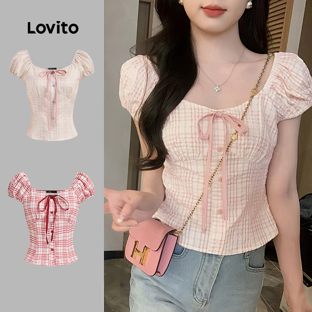Lovito Trang Phục Thường Ngày Áo Cánh Màu Hồng Họa Tiết Gingham Xuân/hè Dành Cho Nữ L136AD105