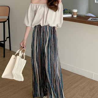 Miyake Quần Áo Nữ Đi Làm Phong Cách Sọc Bohemian và Băng Lụa Xếp Ly Ống Rộng Cho Hàng Ngày