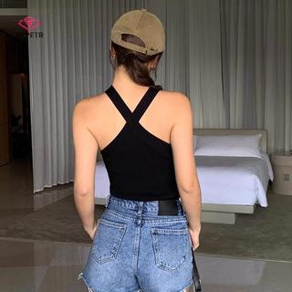 Áo Vest Nữ Slim Fit Co Giãn Dây Cổ Dệt Kim Màu Trơn