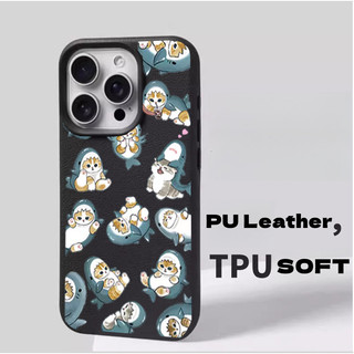 Ốp điện thoại hình mèo cá mập cát lún dễ thương cho iPhone 12 11 Pro Max X XS XR 7 8 Plus 16 17 pro Max 16E 17Air PU LeatherCartoon Soft Matte Cover