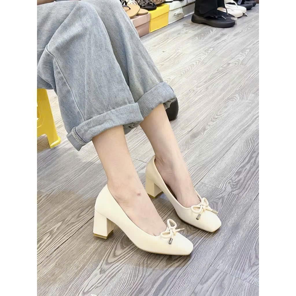 [Thảo Em- GC63] Giày nữ búp bê gót cao 5p phối nơ thời trang