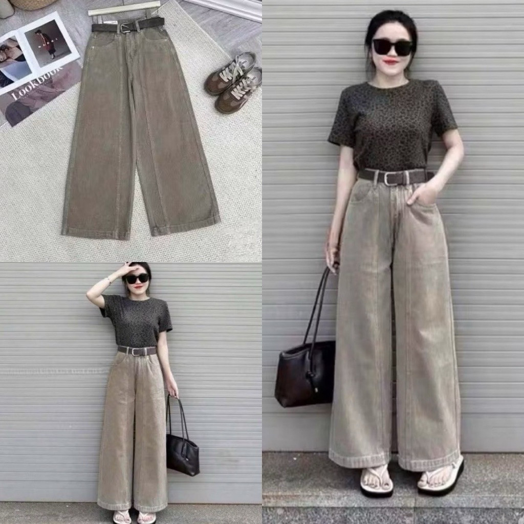 Quần bò suông nâu tây gân giữa gấu to cạp cao phom dáng chuẩn dễ phối đồ