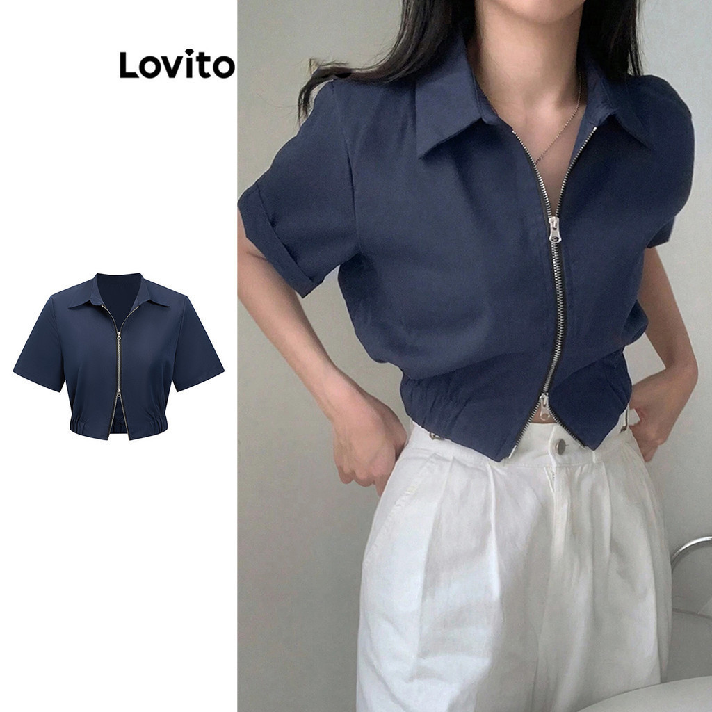 Lovito Áo sơ mi Preppy trơn có dây kéo cho nữ L82AD009 (Nhiều màu)