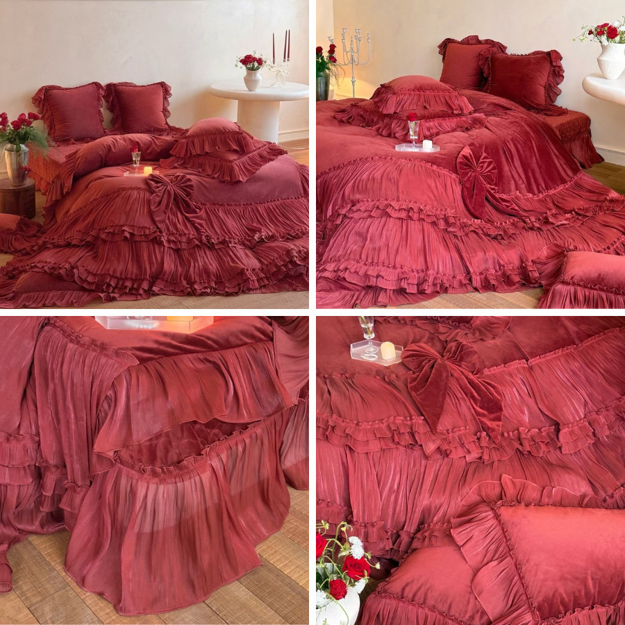 (L41708) Bộ vỏ chăn ga gối nỉ lịm phong cách dạ hội Memminbedding Luxury viền xếp ly đính hoa điệu đà, xinh xắn