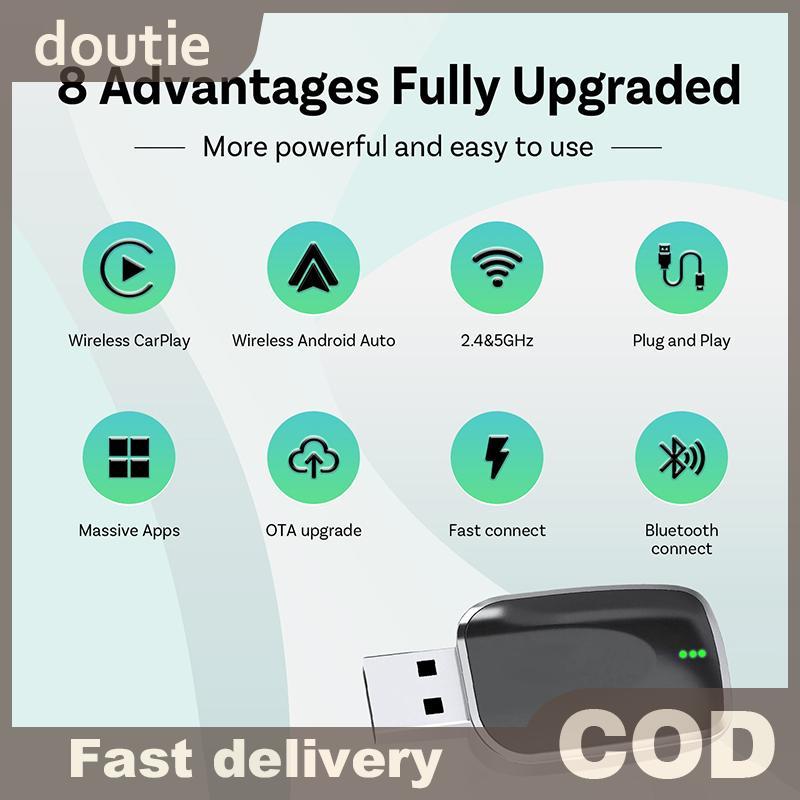 Doutie 2in1 Wireless CarPlay Android Auto Adapter AI Box Plug & Play Kết nối tự động Tương thích với 99% ô tô cho đài phát thanh ô tô VN