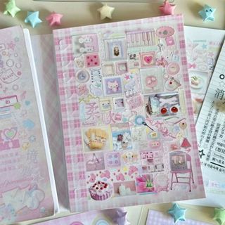 THEHOMECO Sticker Book, Nhãn dán nhật ký màu hồng phong cách Nhật Bản, Phim hoạt hình 24 trang Quà tặng Sổ lưu niệm Nhãn dán Đồ dùng văn phòng phẩm