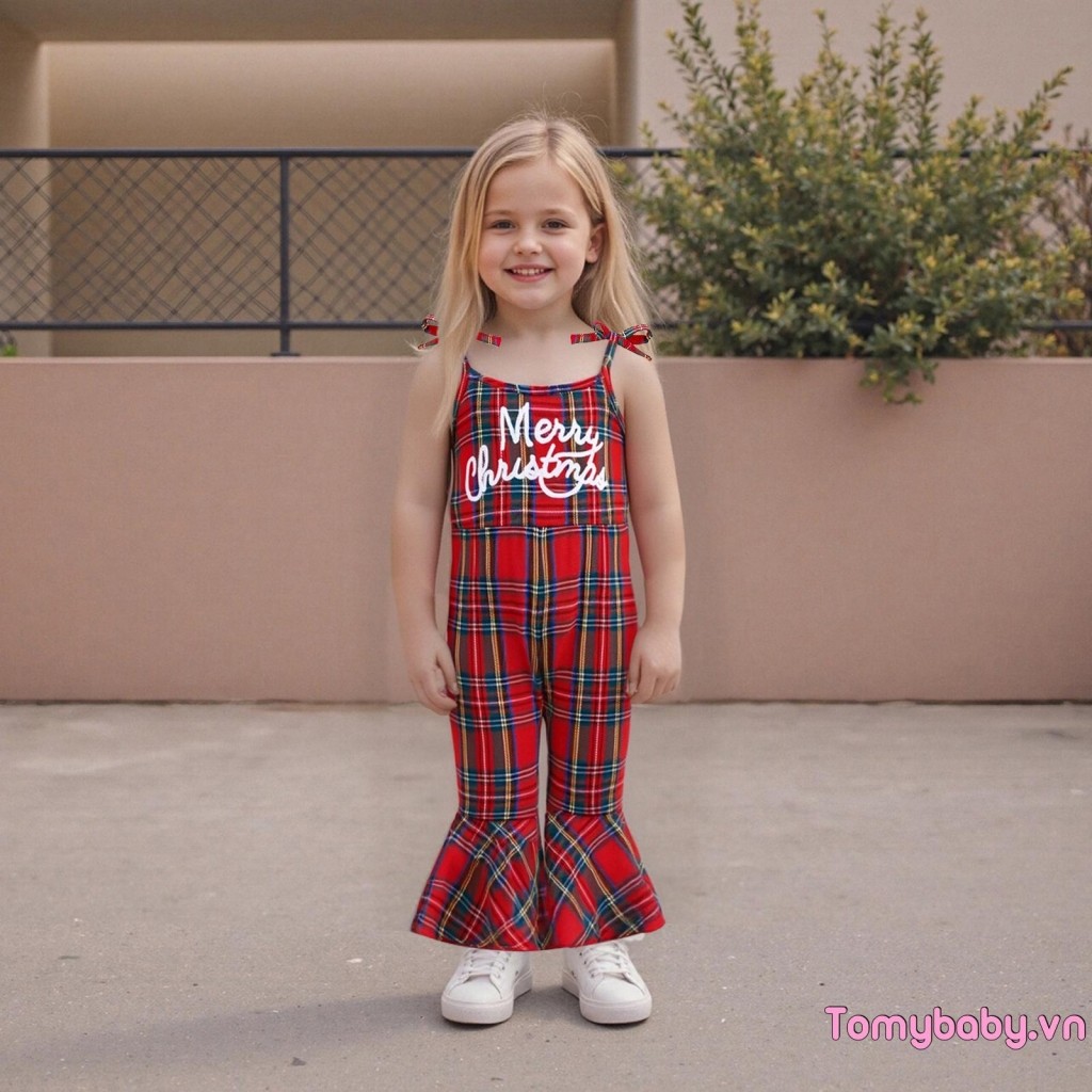 Trẻ Em Bé Gái Giáng Sinh Kẻ Sọc Áo Liền Quần Chữ Thêu Thắt Vai Chuông-Bottom Jumpsuit