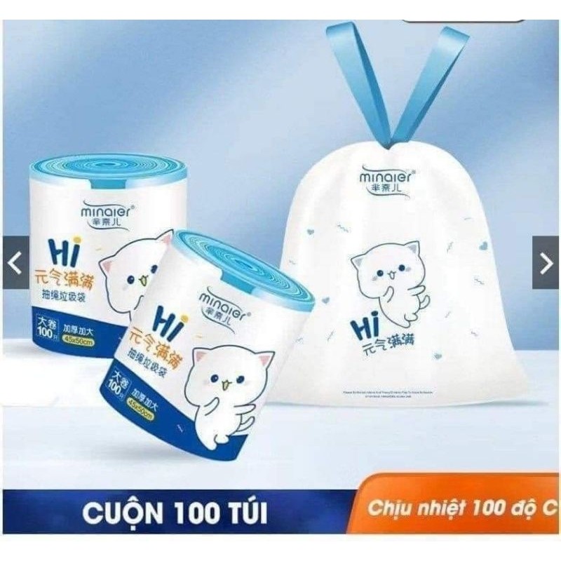 Túi đựng rác dây rút Minaier cuộn 50 túi chống rò rỉ nước, không sợ bẩn tay | Túi đựng rác siêu dai kích thước 45*50cm
