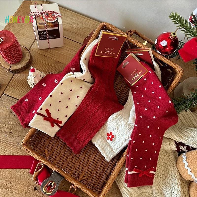 < Honeyba > 5 Đôi Tất Giáng Sinh Nữ Ông Già Noel Dễ Thương Thu Đông Nai Sừng Tấm Nữ Giữa Bắp Chân Tất Lễ Hội Giáng Sinh Vui Vẻ Tất
