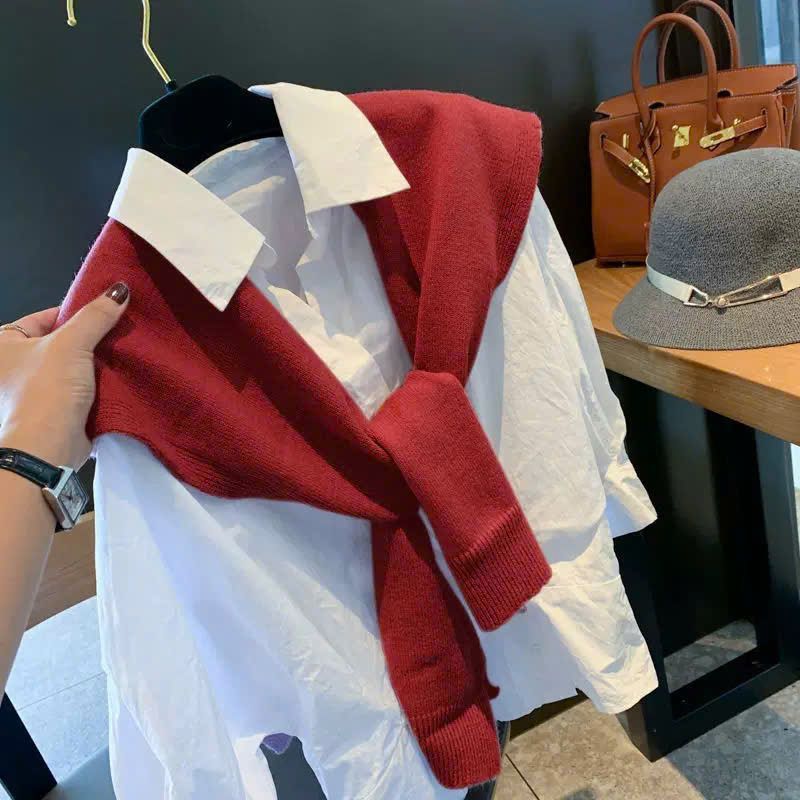 Áo sơ mi TRẮNG  DÀI TAY form rộng +kèm khăn thời trang quàng cổ Khăn tháo rời