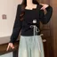 Áo thun dài tay cổ vuông phong cách Pháp, phù hợp mùa xuân dành cho nữ