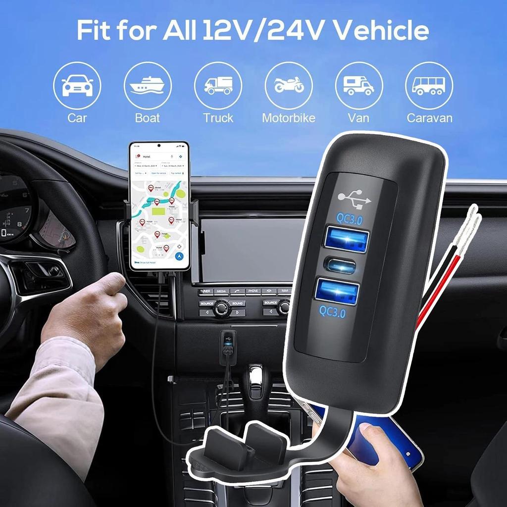 Sạc Xe Hơi USB Dual QC3.0 PD Type-C Sạc Tự Động Đa Năng Chống Thấm Nước Và Chống Bụi 12-24V Cho Xe Máy Ô Tô ATV Thuyền