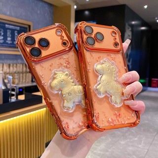 Phim Bảo Vệ Ống Kính 3D Ngựa Vàng Lấp Lánh Mạ Kim Sa Lấp Lánh Vỏ Điện Thoại Màu Cam Cho iPhone 17Promax 12 13 14 15 16 Pro Max Plus 11 Bốn Góc Chống Sốc Nam Nữ Vỏ Di Động