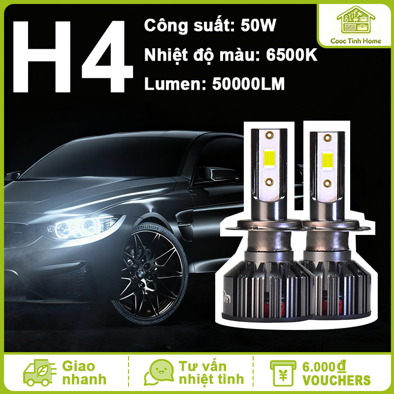 1 Cặp Đèn Pha LED Xe Hơi 50W 50000LM, Ánh Sáng Trắng 6500K Chuẩn H4, Tản Nhiệt Nhôm Cắm Là Dùng