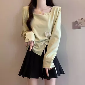 Áo thun dài tay cổ vuông phong cách Pháp, phù hợp mùa xuân dành cho nữ