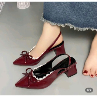 ROSA - Giày cao gót nữ SINGBLACK  mũi NHỌN  nơ phối ren kiểu dáng tiểu thư cao 7cm màu đen - CG-0742