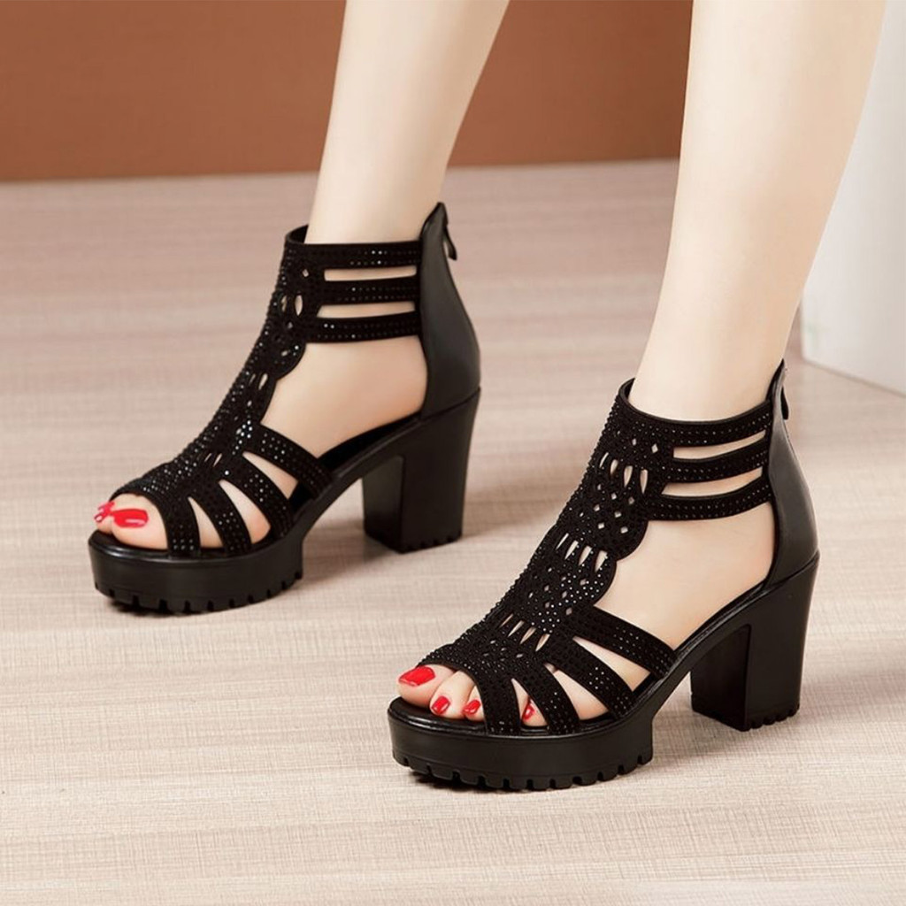 Giày Gót Chunky Nữ Có Lưng Mắt Cá Chân Zip Peep-toe Cho Tiệc Sinh Nhật Người Lớn Lễ