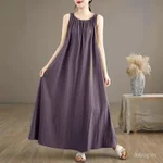 Nữ Retro Vải Lanh Cotton Xếp Ly Đầm Không Tay Mùa Hè 2025 Hàng Mới Về Rời Phù Hợp Thoải Mái Thường Ngày Maxi Dài Đầm 1127 — ảnh 1