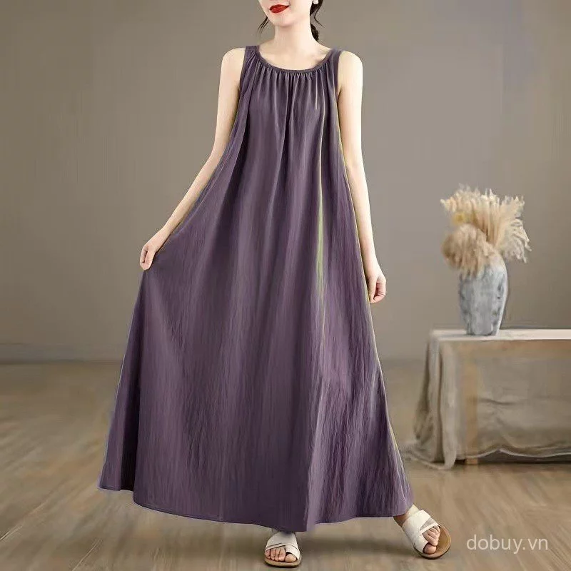 Nữ Retro Vải Lanh Cotton Xếp Ly Đầm Không Tay Mùa Hè 2025 Hàng Mới Về Rời Phù Hợp Thoải Mái Thường Ngày Maxi Dài Đầm 1127 — ảnh 1