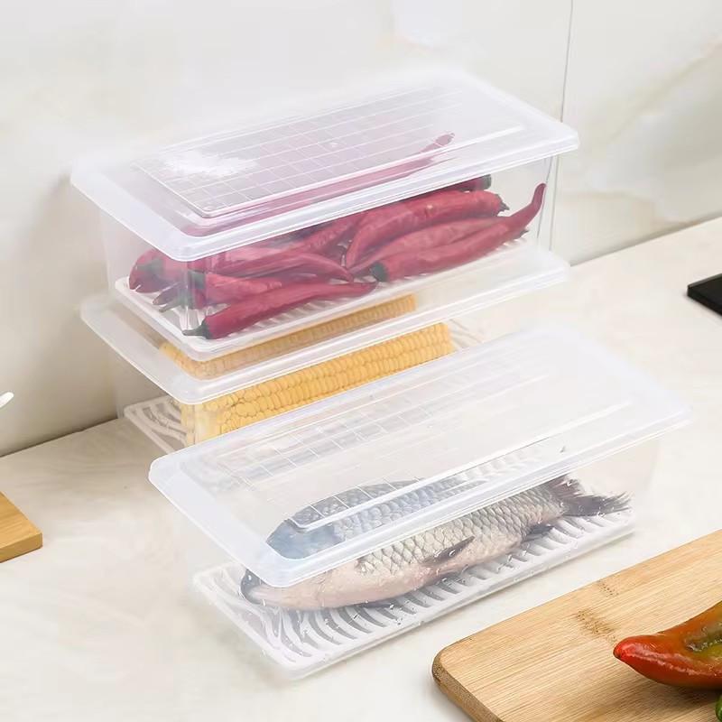 1 / 2 / 3 Cái Hộp Bảo Quản Thực Phẩm Tủ Lạnh Hình Chữ Nhật / Thịt Cá Khay Thoát Nước Hộp Đựng Có Nắp