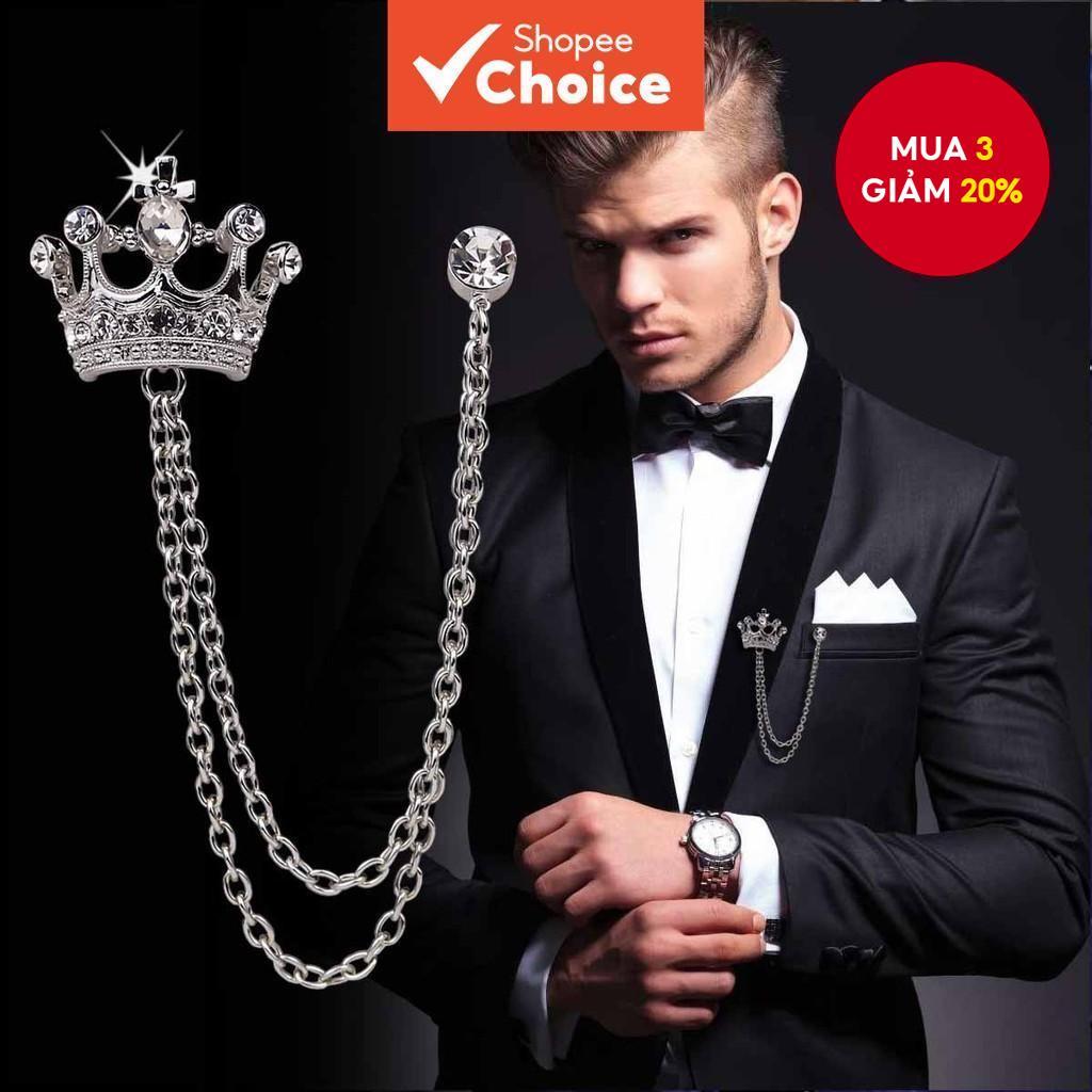 Trâm Cài Nam Sang Trọng Phong Cách Anh Bộ Đồ Dây Xích Pin Kim Cương Vương Miện Huy Hiệu Vintage Hoa