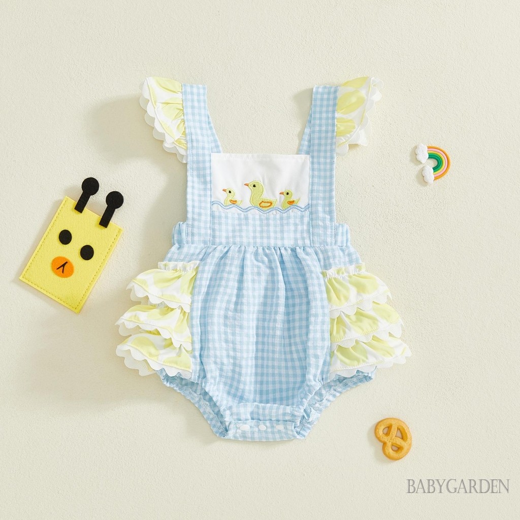 Trẻ sơ sinh Bé gái Áo liền quần kẻ sọc thời trang Vịt dễ thương Thêu không tay Ruffle Jumpsuit