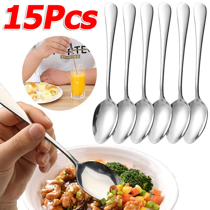 5 / 10 / 15 Chiếc Thìa Ăn Bằng Thép Không Gỉ Dày Dao Kéo / Tay Cầm Dài Món Tráng Miệng Cà Phê Muỗng Cà Phê