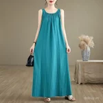 Nữ Retro Vải Lanh Cotton Xếp Ly Đầm Không Tay Mùa Hè 2025 Hàng Mới Về Rời Phù Hợp Thoải Mái Thường Ngày Maxi Dài Đầm 1127 — ảnh 2
