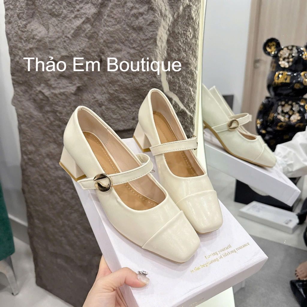[Thảo Em - Có Sẵn](GC66) Giày búp bê nữ gót cao 5p phối khuy tròn khuyết cá tính phong cách thời trang