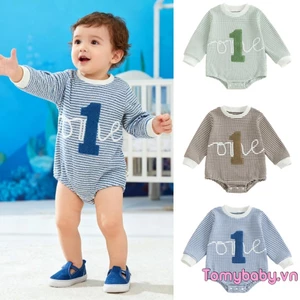 Bộ áo liền quần sọc sinh nhật cho bé trai Bộ áo liền quần dài tay cổ tròn thêu