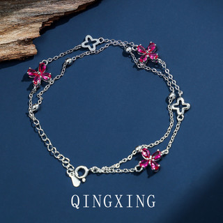 Châu Âu Mỹ ins Phong Cách Mới Đỏ Corundum Ánh Sáng Phong Lan Spinel Bốn Lá Cỏ Ba Lớp Vòng Tay Nữ