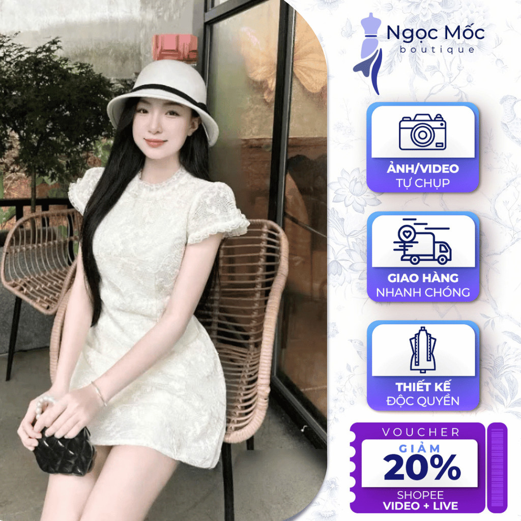 Đầm Dáng Suông Tay Phồng Ngắn Cổ Viền Bèo Chất Ren Gân Nhẹ Nhàng Sang Trọng | N310 NGỌC MỐC BOUTIQUE