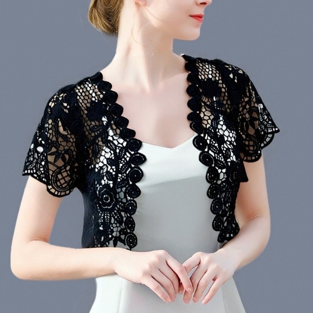 Áo khoác mùa hè HOBBYIN - Ren đen/trắng crop top và áo len cardigan ngắn tay, phù hợp cho nữ thanh lịch