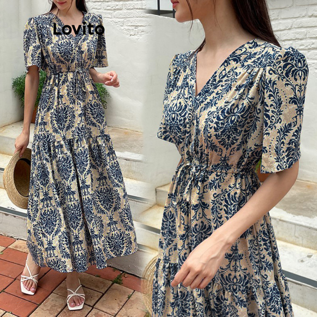 Đầm tầng Lovito in họa tiết dân tộc boho thắt nơ cho nữ L100MD315