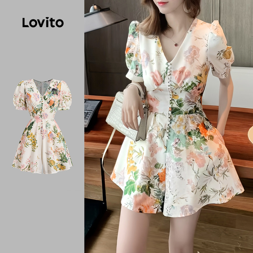 Lovito Bộ áo liền quần thanh lịch Hoa mềm mại và thoải mái Bộ áo liền quần mùa xuân / mùa hè tinh tế dành cho nữ L138ED066