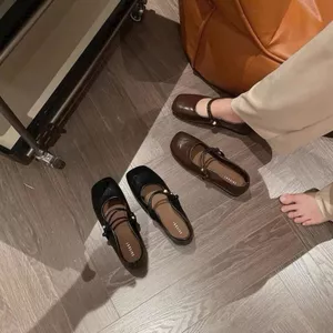 Giày búp bê marry jane nữ mũi vuông đế bệt da lì mềm 2 quai đính ngọc [Có Sẵn]