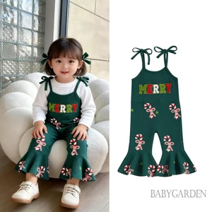 0-7years Trẻ Em Bé Gái Áo Liền Quần Giáng Sinh Không Tay Dây Buộc Dây Kẹo Cane In Hình loe Chân Quần Áo