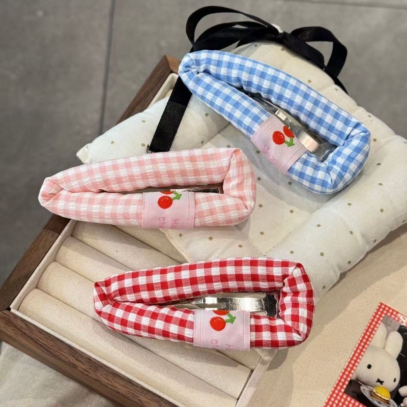Kẹp tóc sọc puff xốp màu đỏ và xanh kẻ sọc, dễ thương - Trang điểm tóc tuyệt vời cho bé gái